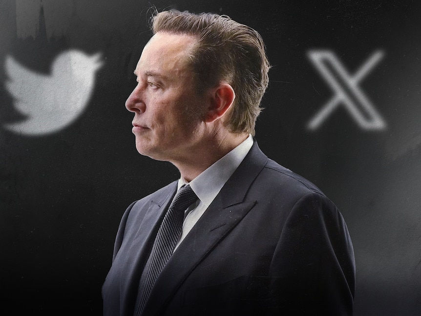 Elon Musk between the Twitter and X logos.