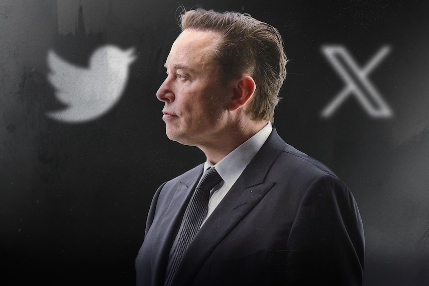 Elon Musk between the Twitter and X logos.