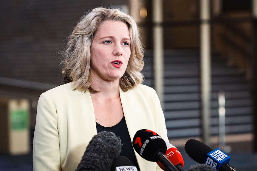 A woman in a yellow blazer speak in front of microphones