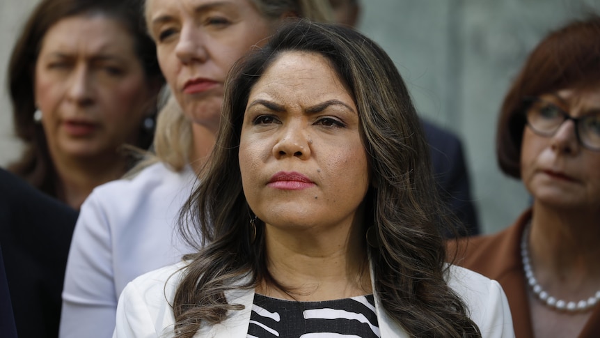 Jacinta Nampijinpa Price looking to the left during a nationals press conference