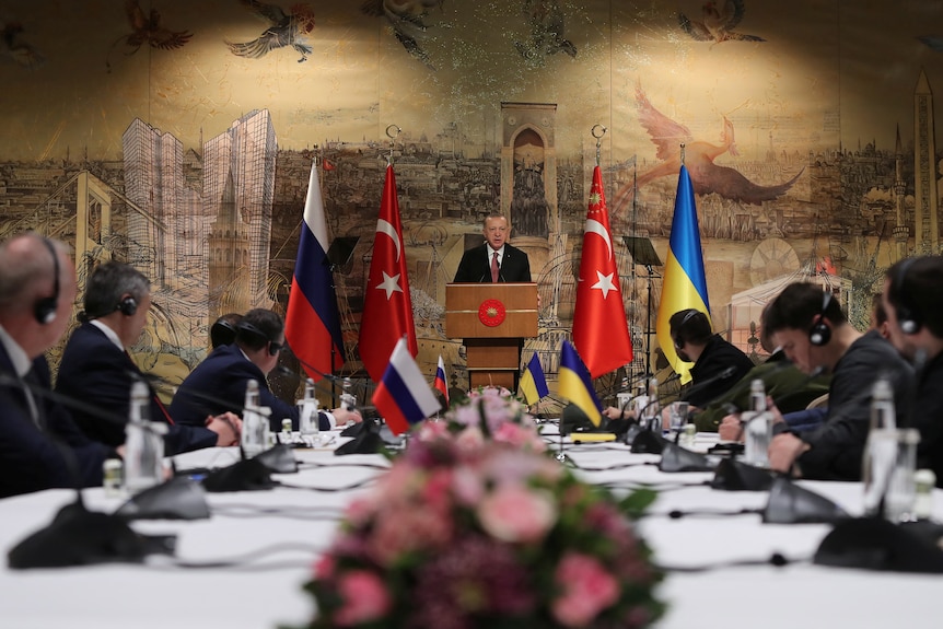 Diplomats in a boardroom hold talks