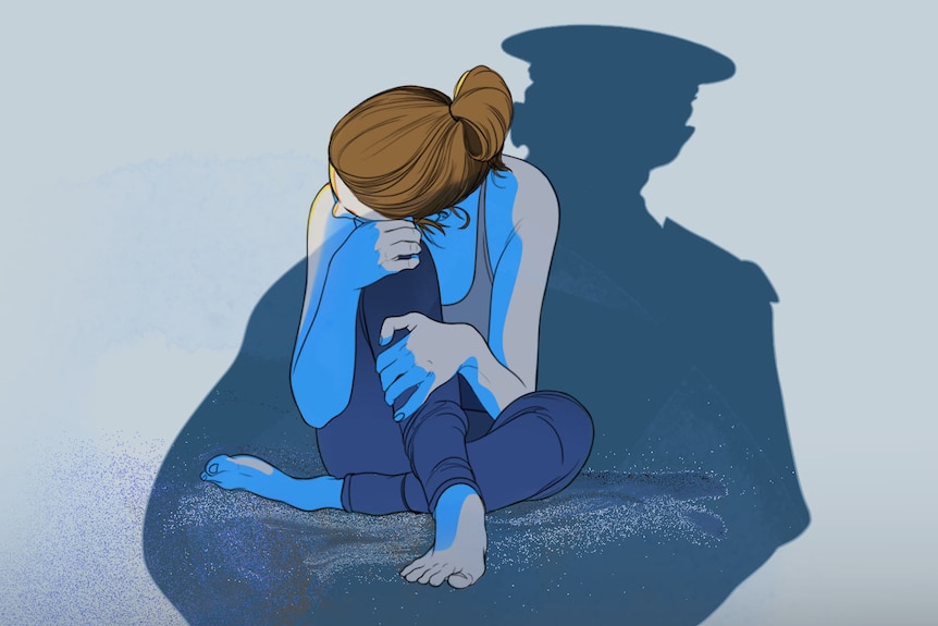 An illustration shows a woman cowering in the shadow of a police officer