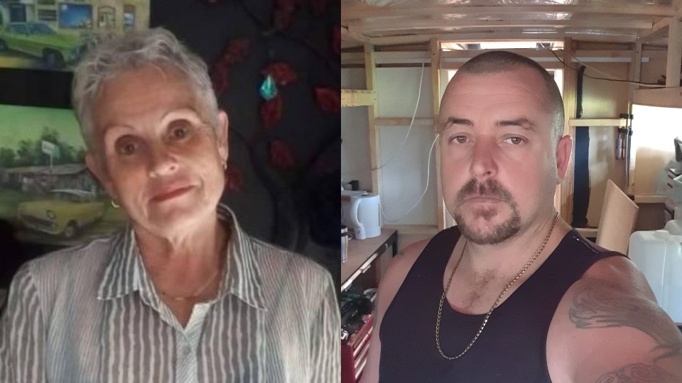 Elderly woman with short grey hair and man with blue single and shaved head