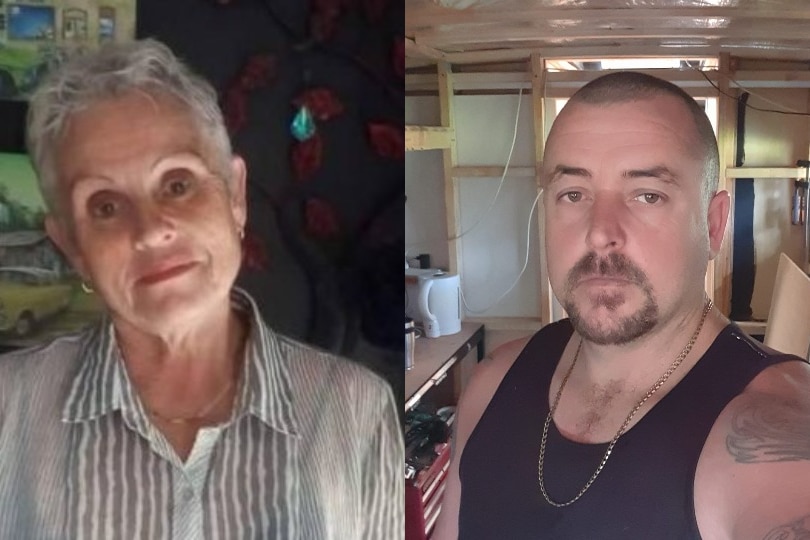 Elderly woman with short grey hair and man with blue single and shaved head