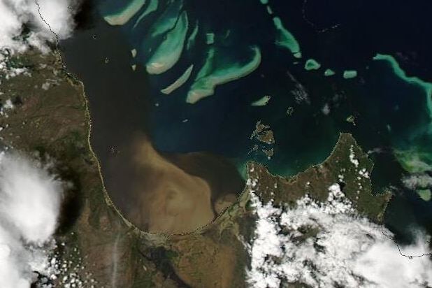 A satellite image showing sediment flowing from land in a bay out to a reef.