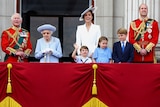 The Queen, Prince Charles, Prince William, Princess Catherine, Princess Charlotte, Prince George and Prince Louis.