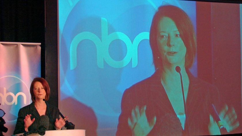 Prime Minister Julia Gillard speaks at the Tasmania National Broadband Network launch in August 2010