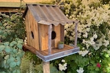 Rustic birdhouse made from old timber and tin with a cottage garden in background.