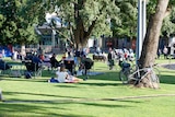 A crowd of people sitting on grass watching a stage. 