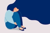 Illustration of young, unhappy woman sitting and hugging her knees.