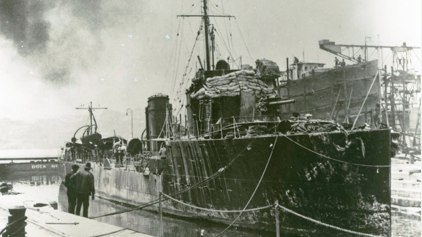 WWI naval warship docked