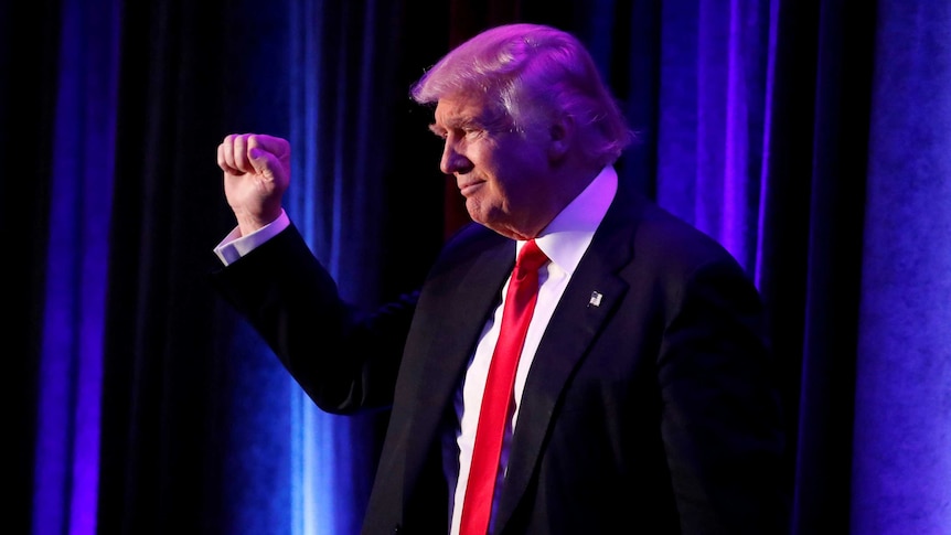 Donald Trump stands with fist raised