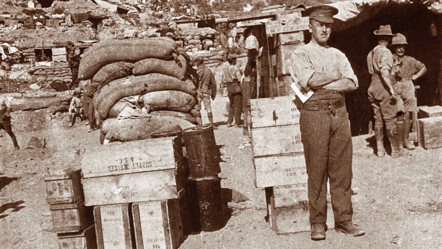 Supplies outside headquarters, Gallipoli Peninsula, Turkey, May 1915.