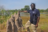 Traditional owner Simon Mudjandi standing new Jabiru Lake