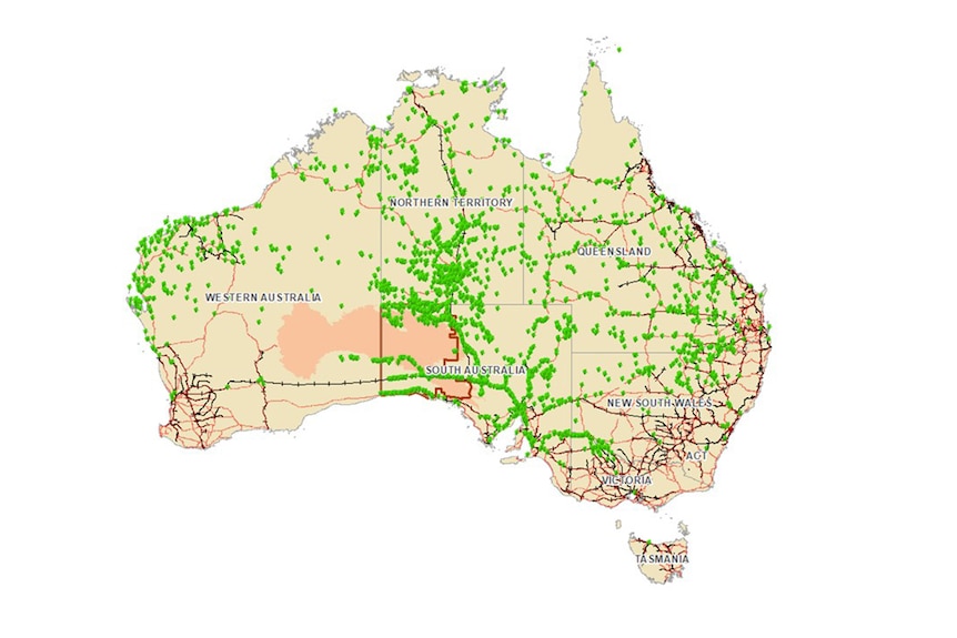 A map of Australia showing little green dots in in every state and territory of the country.