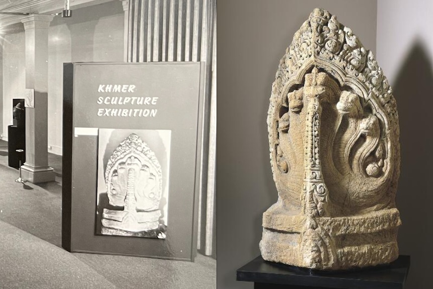 A composite image showing a snake sculpture on display then and now
