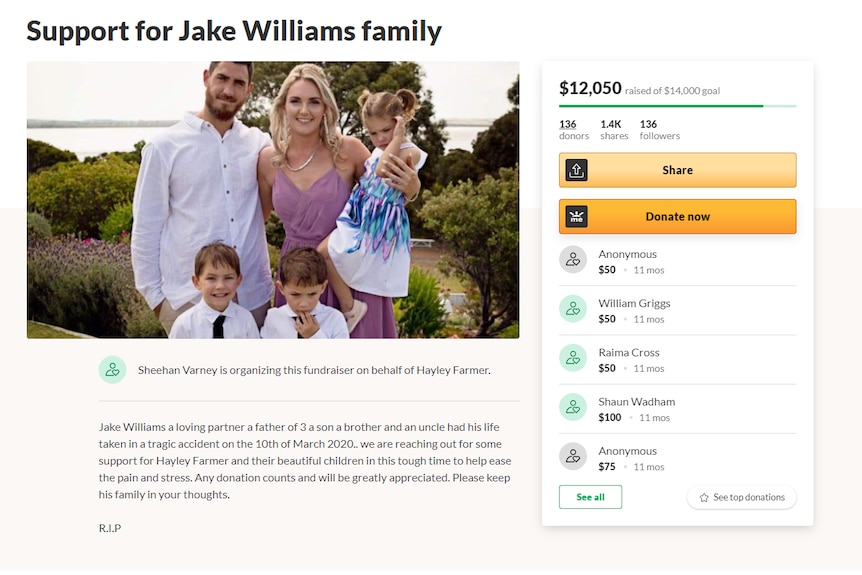 A screenshot of a website which is seeking to raise money for a man's family after his death.