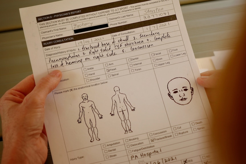 A medical report with diagrams describing a fractured skull, loss of hearing and concussion. 