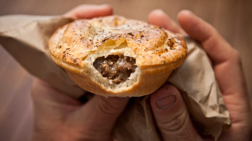 Close-up photo of two hands holding a pie in a brown paper bag. The pie has a small bite at the front, revealing meat inside.