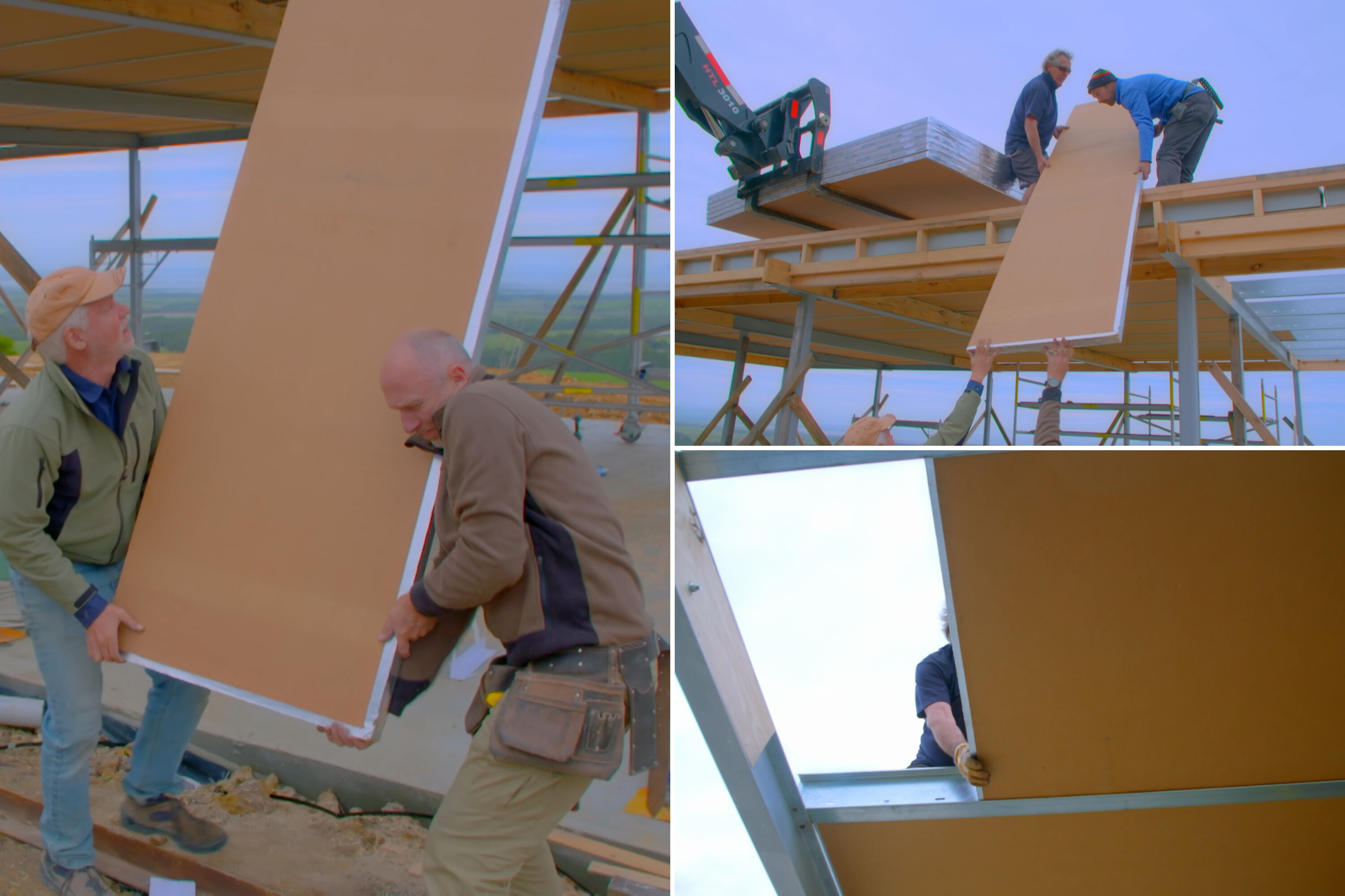 A composite of three images showing ceiling panels, made of compressed straw, being installed. The sky is dark with a storm