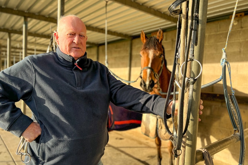 Man leaning on post in front of stable with a brown racing horse