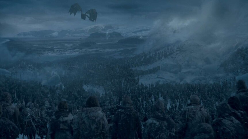 The Night King flies his dragon into the distance as thousands of undead shuffle through the hole in The Wall.