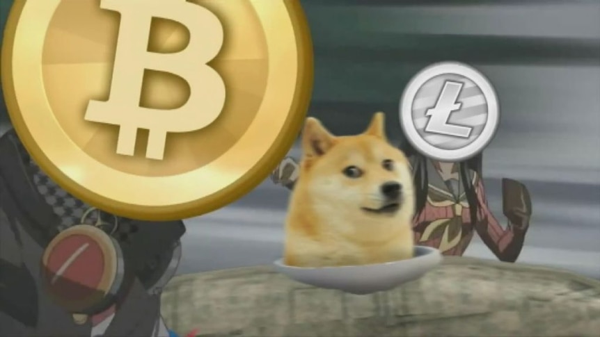 An illustration of cryptocurrency Dogecoin taking on bitcoin