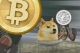 Animation of a bitcoin token next to a shiba-inu dog.