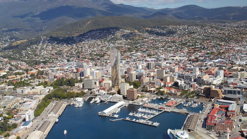 An artist's impression of the Fragrance Group hotel proposed for Hobart. It is a high rise building.