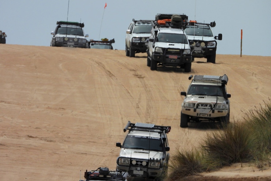 10 large SUVs, packed with camping gear, drive down a sandhill.