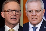 A composite image of Anthony Albanese and Scott Morrison, both talking and looking serious.
