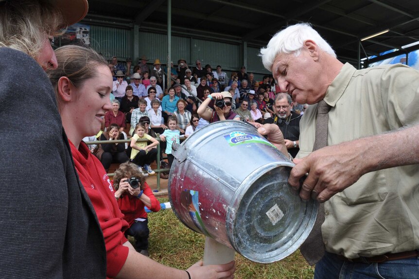 Federal Member for Kennedy Bob Katter empties his milk pail at the Malanda show.
