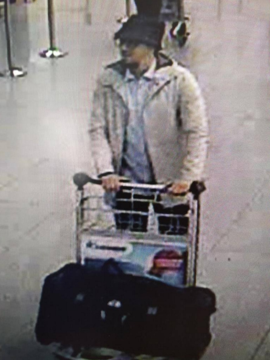 A photo released by Brussels Police showing one of the suspects in the deadly attack on the Belgian capital's airport.