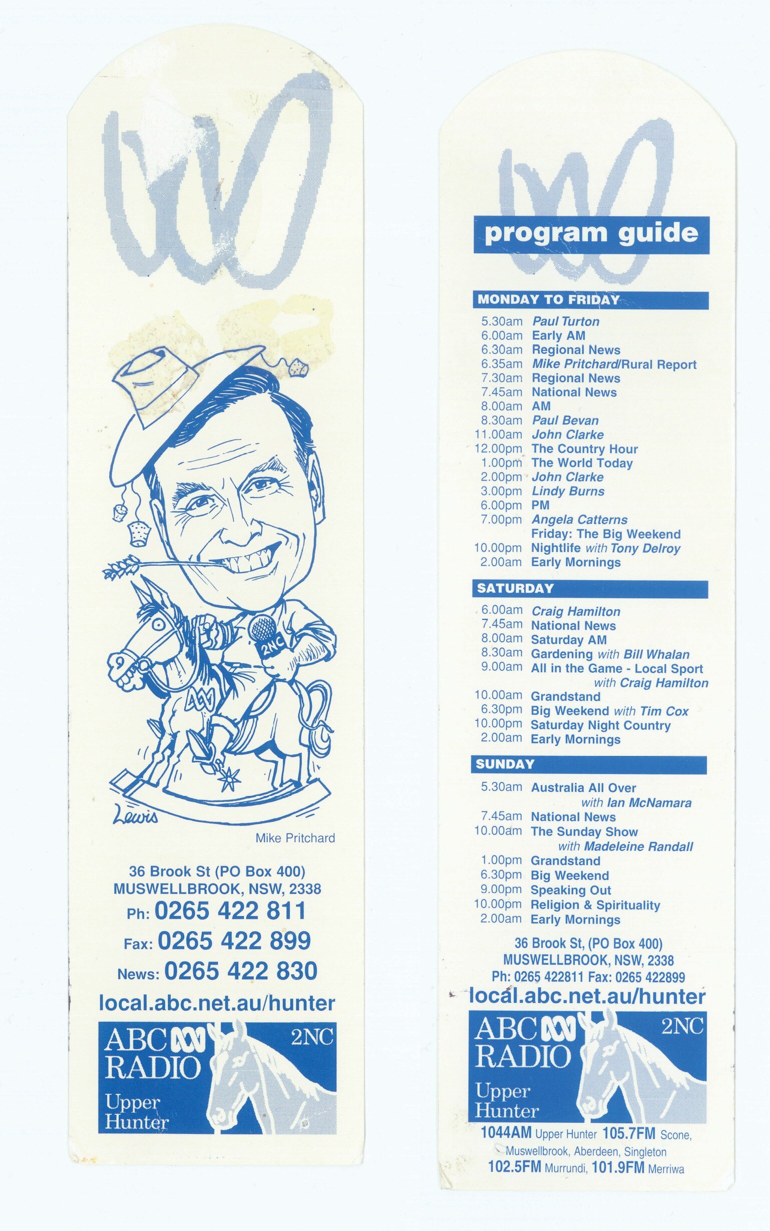 Bookmark showing ABC Upper Hunter program guide and cartoon of Pritchard wearing Akubra at and riding a rocking horse.