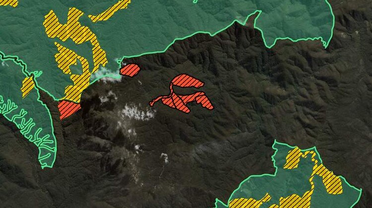 A map shows portions of forest shaded in green. Inside those areas are yellow shaded areas and outside are red shaded areas
