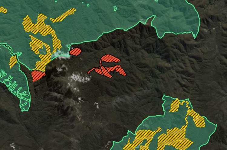 A map shows portions of forest shaded in green. Inside those areas are yellow shaded areas and outside are red shaded areas