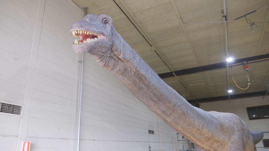 A large blue model dinosaur with a long neck is inside a large building