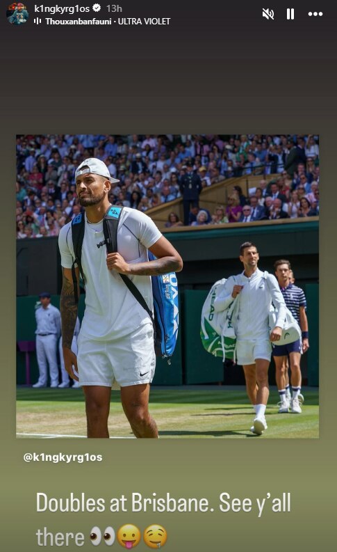 A screenshot of Nick Kyrgios's Instagram story, of he and Novak Djokovic walking onto a grass tennis court