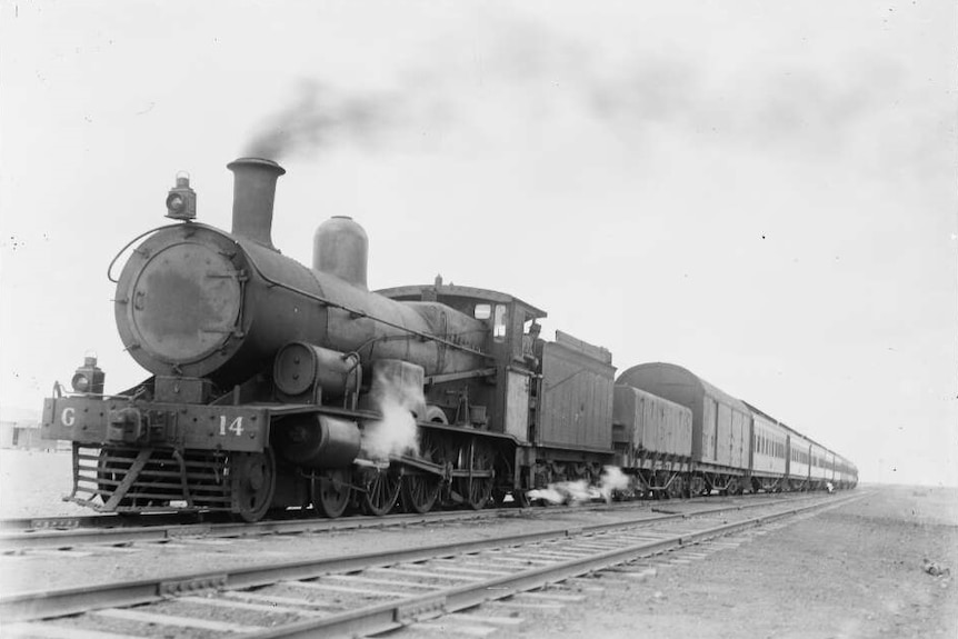 Black and white photo of a steam train in the desert.