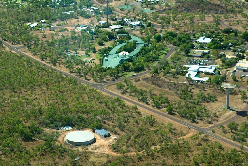 The Northern Territory town of Jabiru seen from above, including its crocodile-shaped hotel.