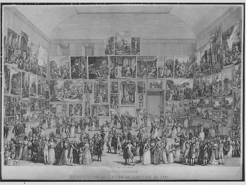 A black and white historic drawing of a gallery in which people look at hundreds of artworks hung on the walls.