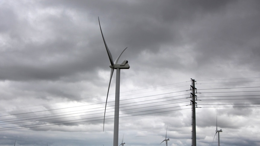 Wind turbines and power lines in a farming region