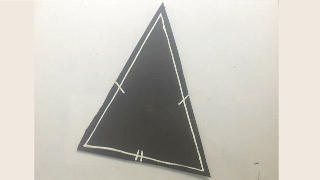 Triangle with small marks intersecting sides at halfway point