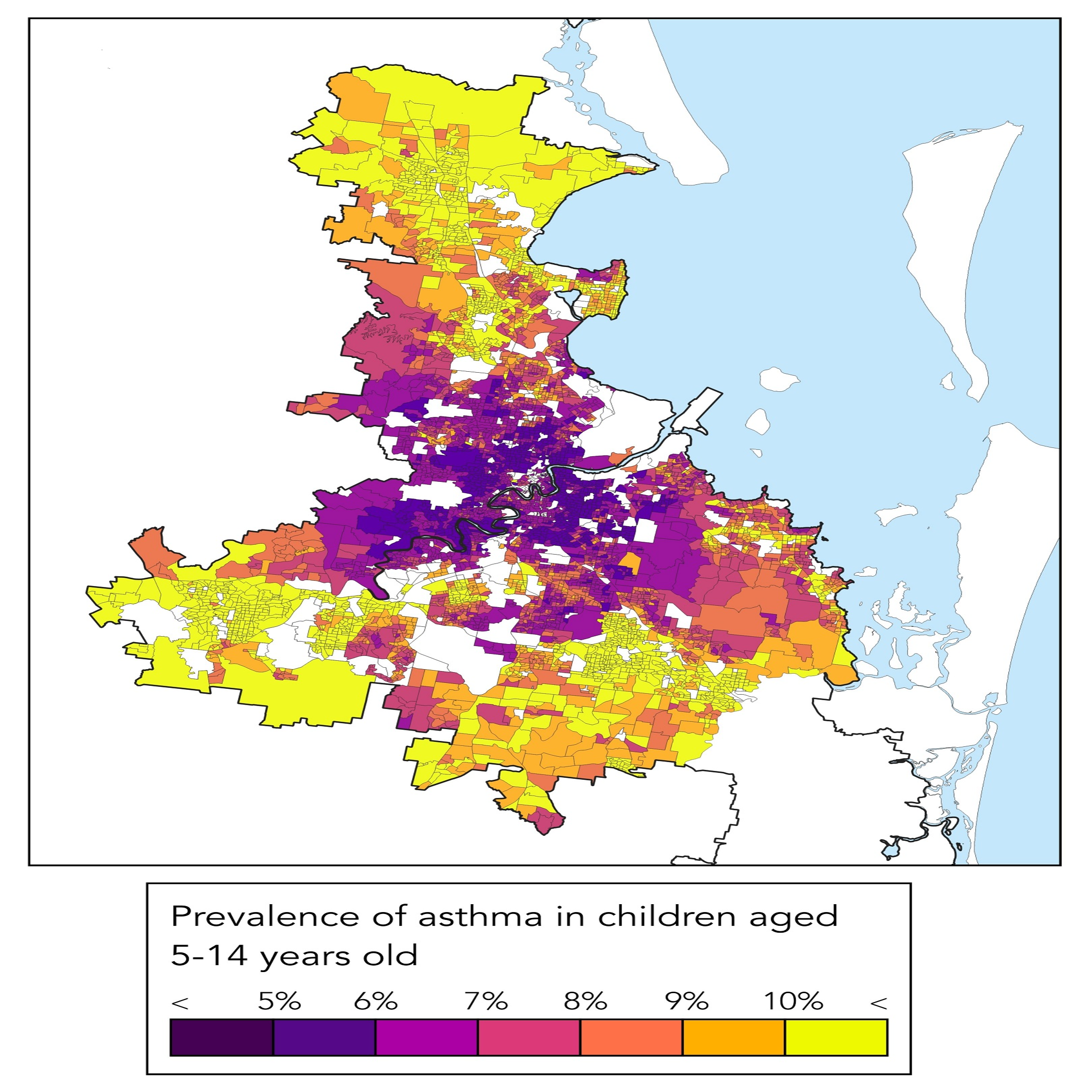 a heat map showing yellow areas on outer suburbs have more asthma 