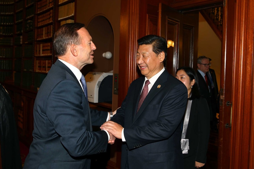 Tony Abbott greets Xi Jinping on November 15.