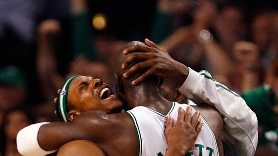 Pivotal pair: Paul Pierce and Kevin Garnett celebrate Boston's NBA championship victory.