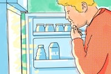 An illustration of a blonde man standing in front of an open fridge trying to decide what to eat, and if he needs to diet.