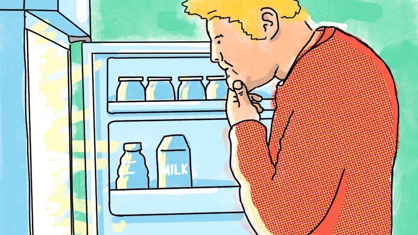 An illustration of a blonde man standing in front of an open fridge trying to decide what to eat, and if he needs to diet.