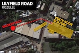 A detailed diagram shows the site of a smokestack at Lilyfield Road in Rozelle.