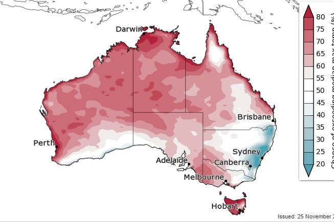 A map showing expected temperatures across Australia this summer